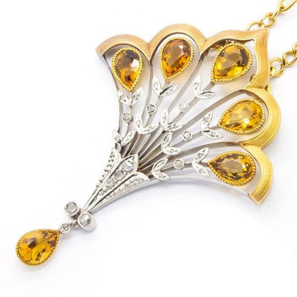 French Antique Art Nouveau Citrine Diamond Pendant Necklace