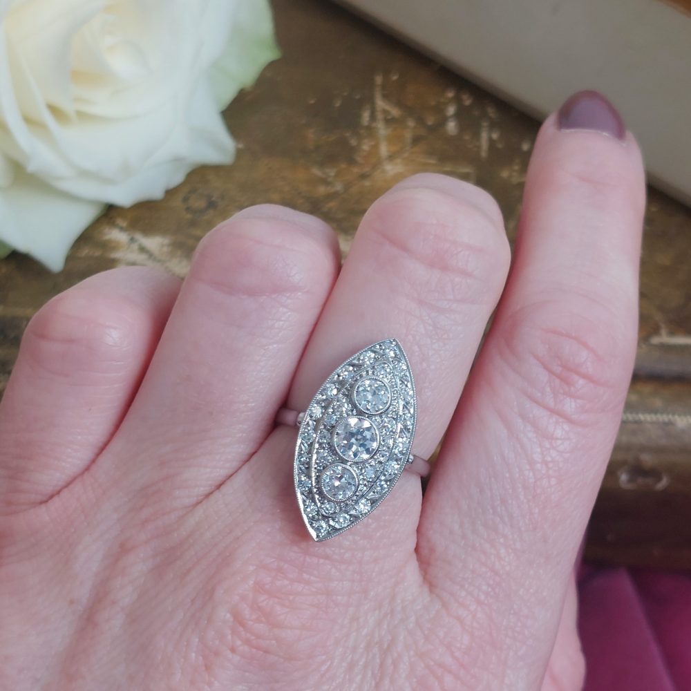 French Art Deco Diamond Navette Ring, 1.50ct