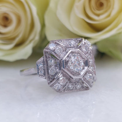 French Art Deco Old Cut Diamond Cluster Ring, 0.85ct