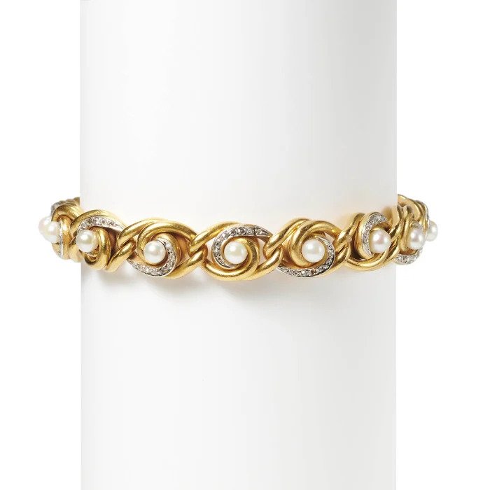 Antique French Art Nouveau Gold Swirl Bracelet with Diamonds and Pearls