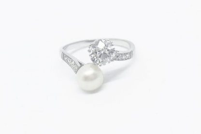 French Belle Epoque Moi et Toi Pearl and Diamond Ring