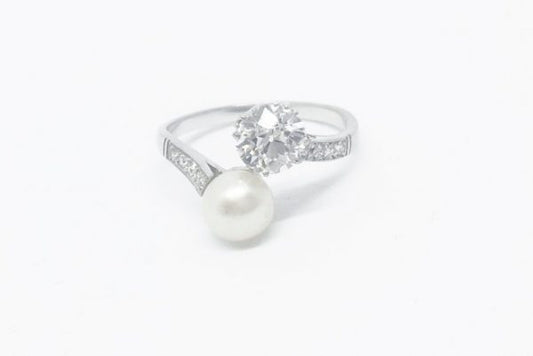 French Belle Epoque Moi et Toi Pearl and Diamond Ring