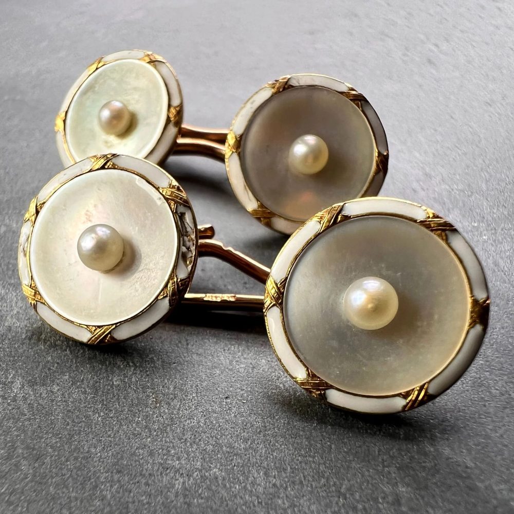 French Gold Mother of Pearl and Enamel Cufflinks