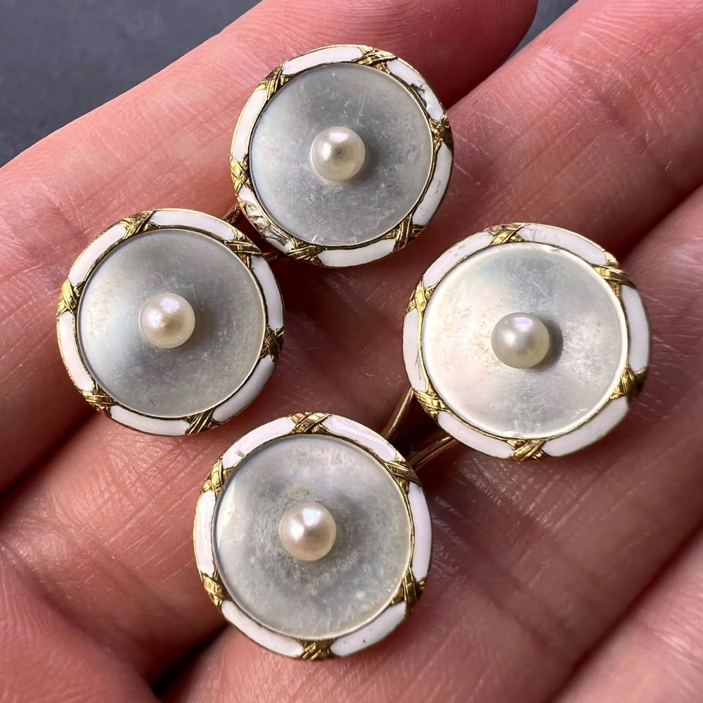 French Gold Mother of Pearl and Enamel Cufflinks