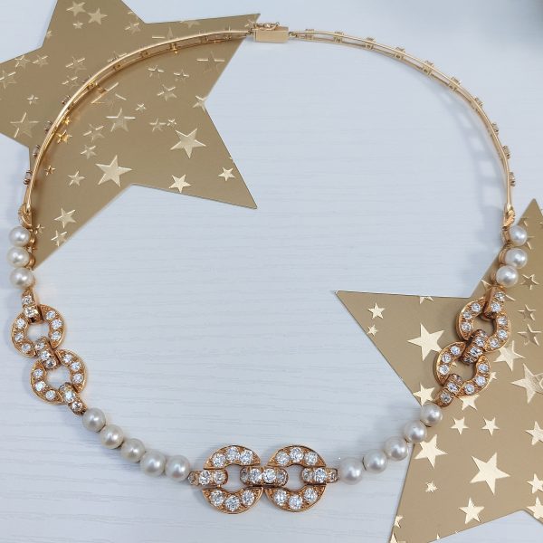 French Natural Pearl and Diamond Collar Necklace