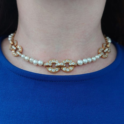 French Natural Pearl and Diamond Collar Necklace