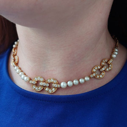 French Natural Pearl and Diamond Collar Necklace