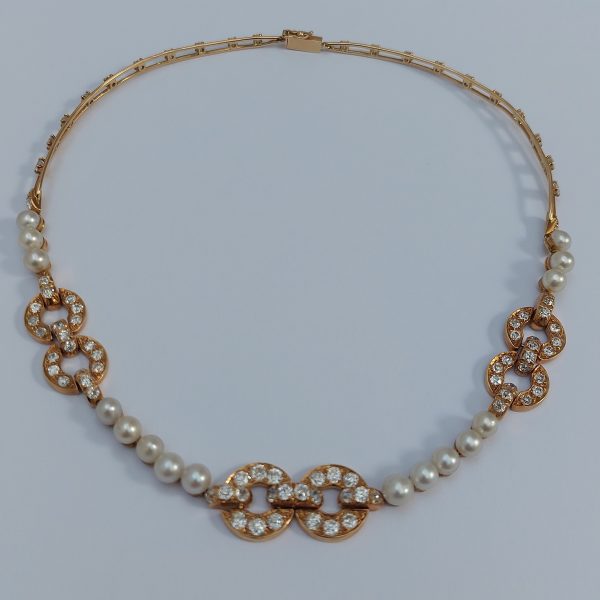French Natural Pearl and Diamond Collar Necklace