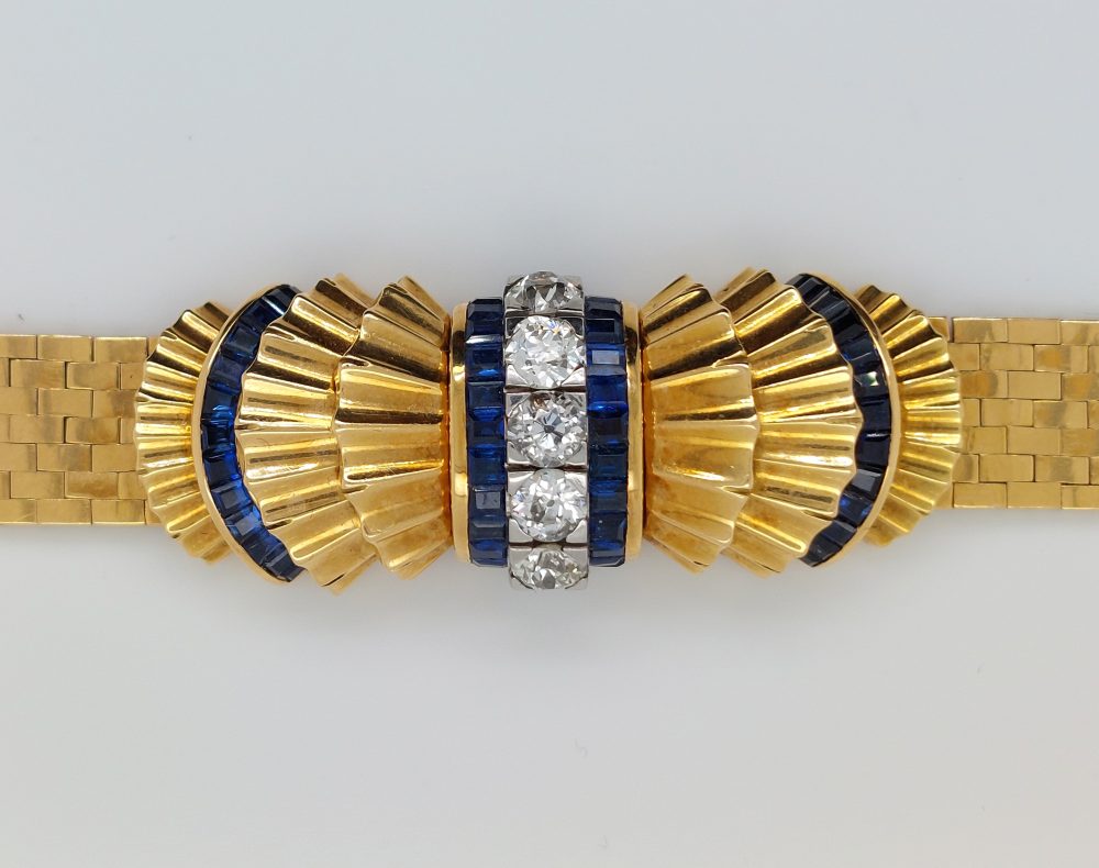 French Vintage Sapphire and Diamond Bow Bracelet Wristwatch