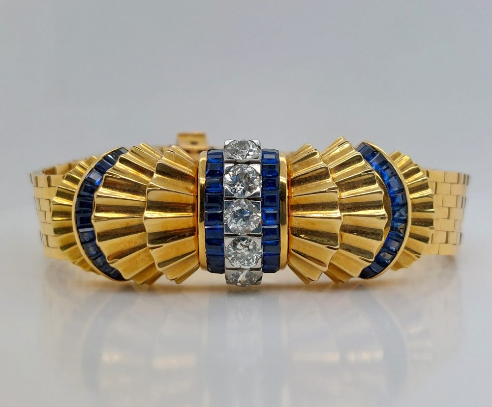 French Vintage Sapphire and Diamond Bow Bracelet Wristwatch