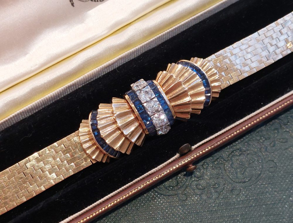 French Vintage Sapphire and Diamond Bow Bracelet Wristwatch