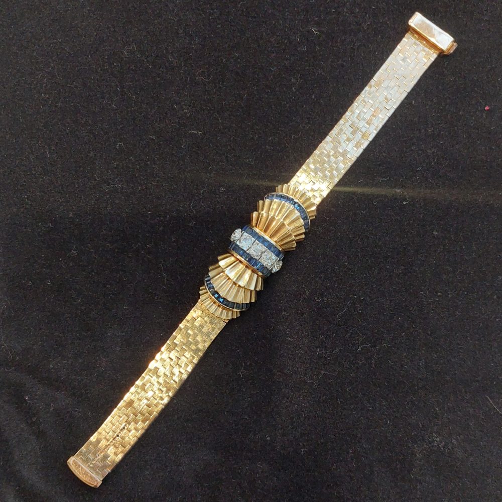French Vintage Sapphire and Diamond Bow Bracelet Wristwatch