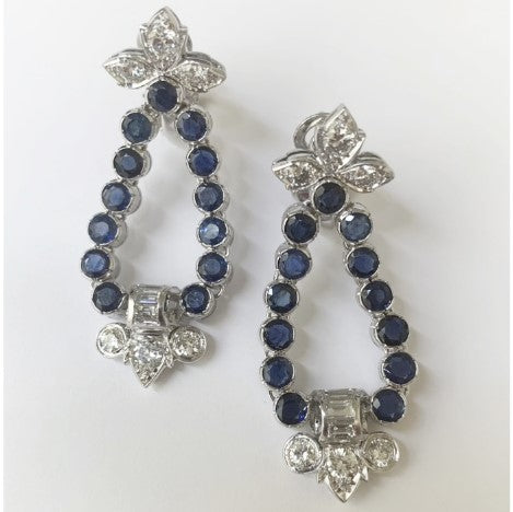 French Sapphire and Diamond Drop Earrings in Platinum