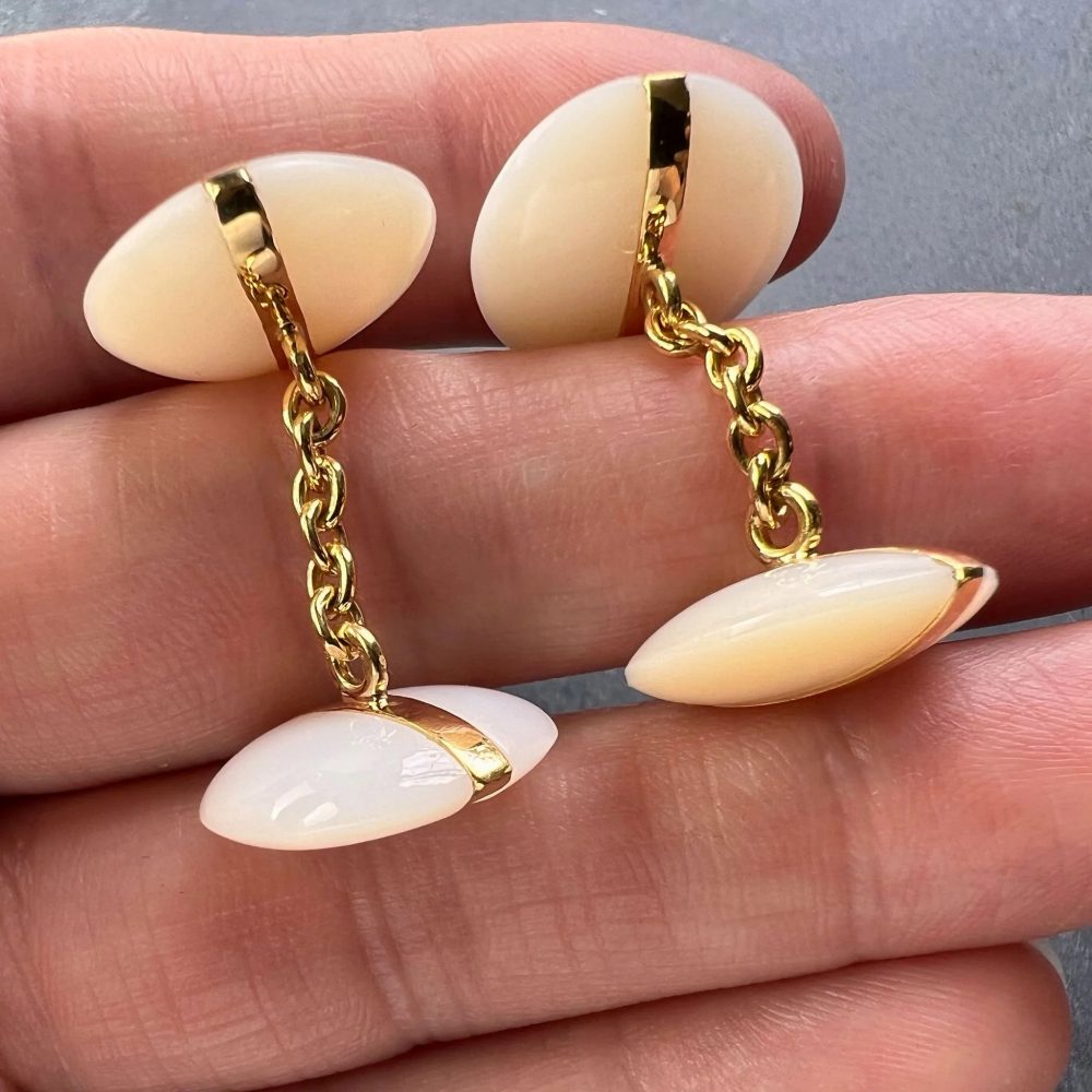 French White Agate and 18ct Yellow Gold Stripe Cufflinks