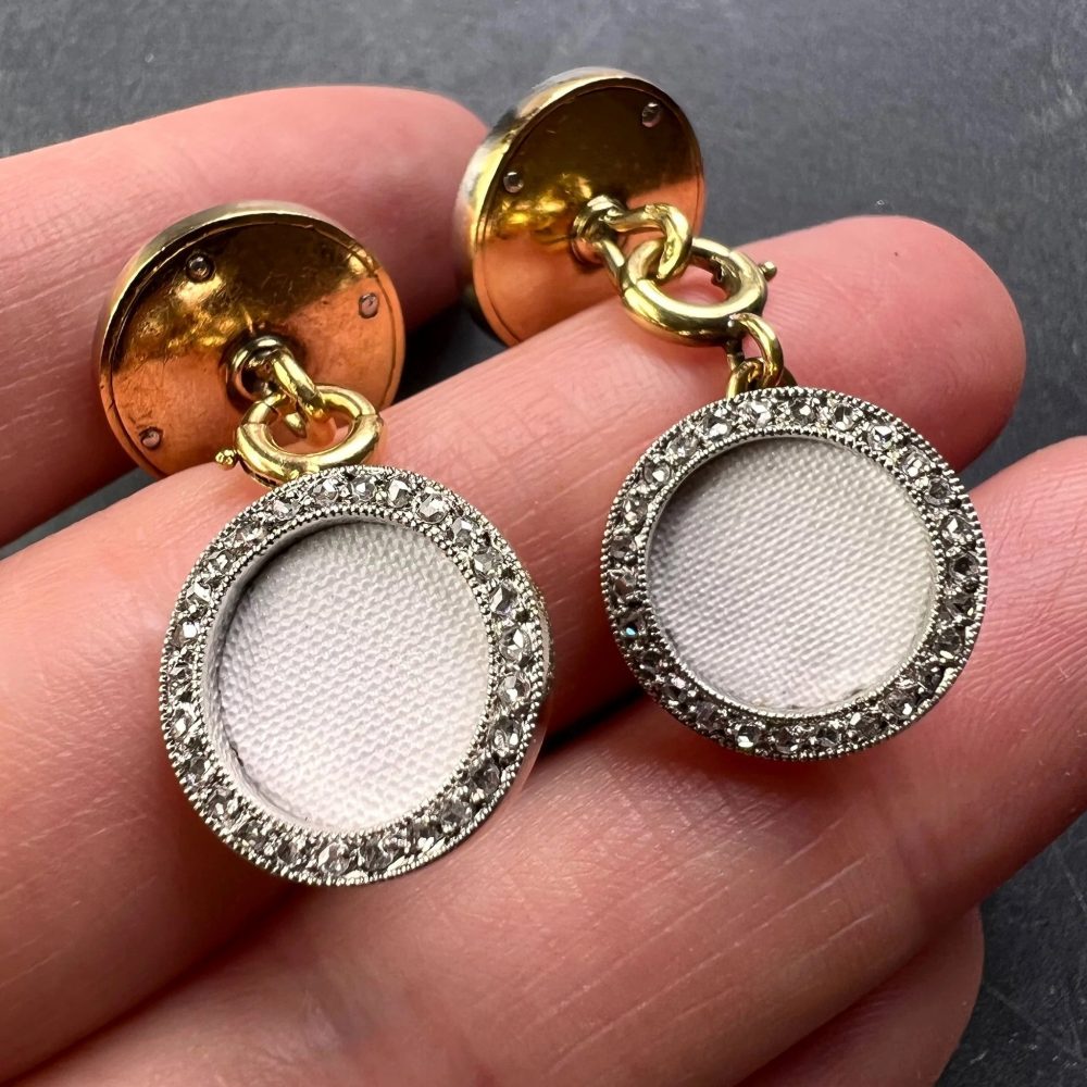 French White Enamel and Diamond Set Cufflinks in Platinum and 18ct Yellow Gold