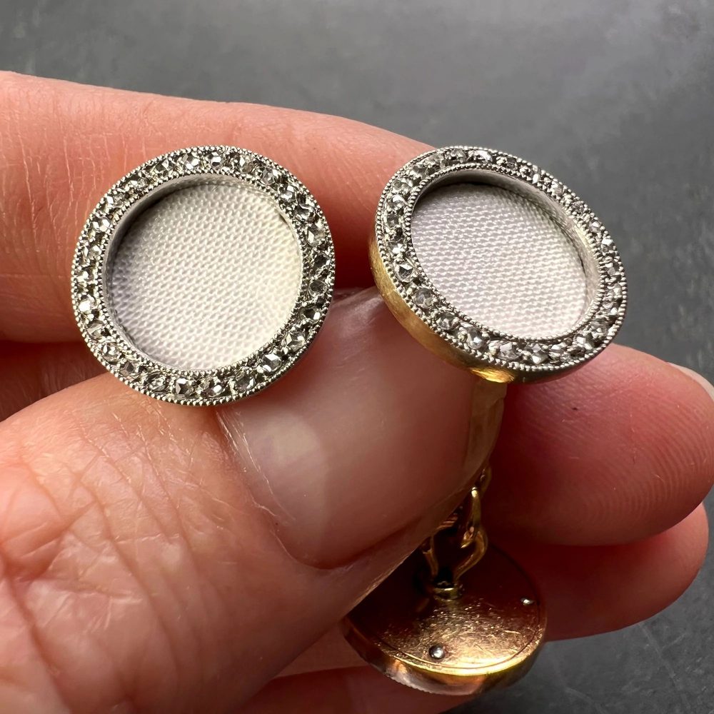 French White Enamel and Diamond Set Cufflinks in Platinum and 18ct Yellow Gold