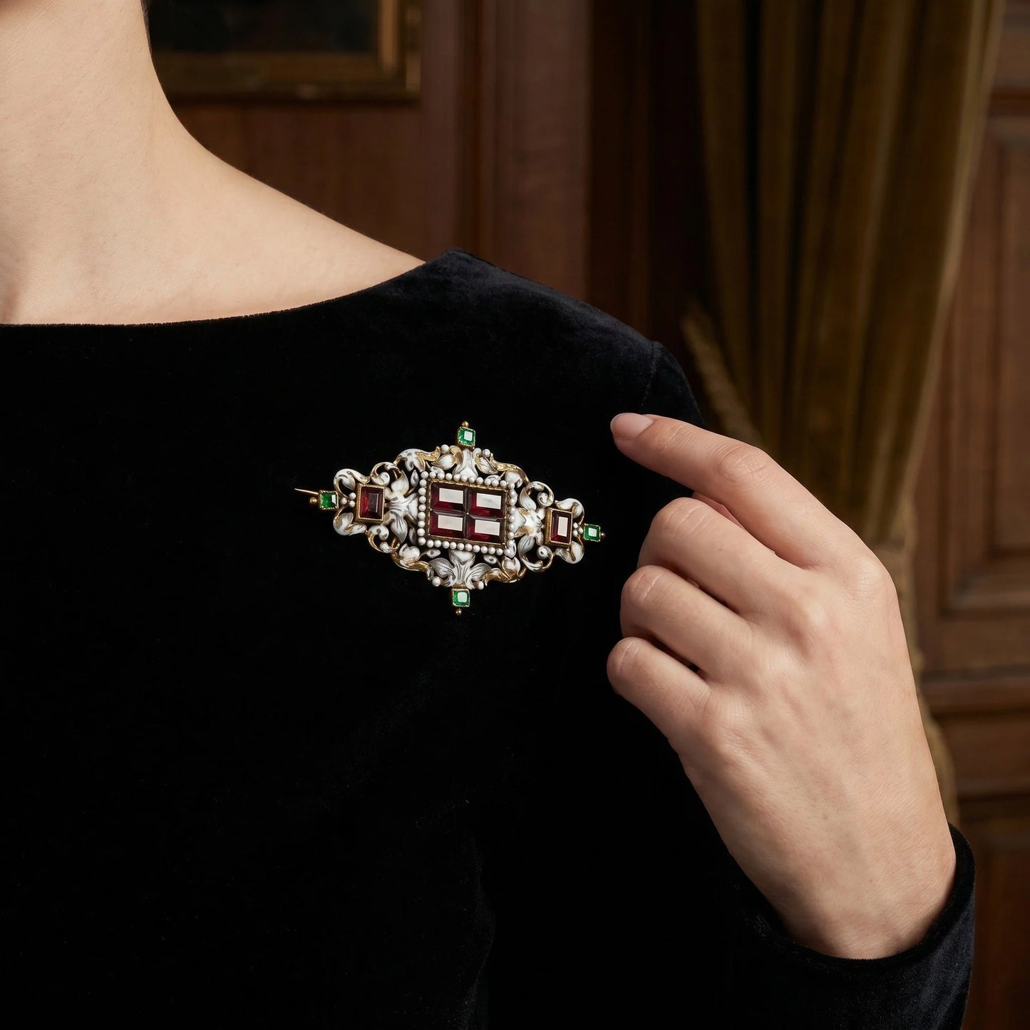 Antique French 18KT Enamel, Garnet and Emerald Renaissance Revival Brooch Pendant