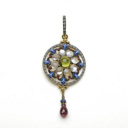 GIULIANO ENAMEL, PERIDOT, MOONSTONE, GARNET AND GOLD PENDANT