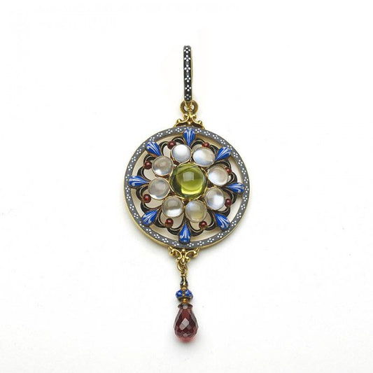 GIULIANO ENAMEL, PERIDOT, MOONSTONE, GARNET AND GOLD PENDANT