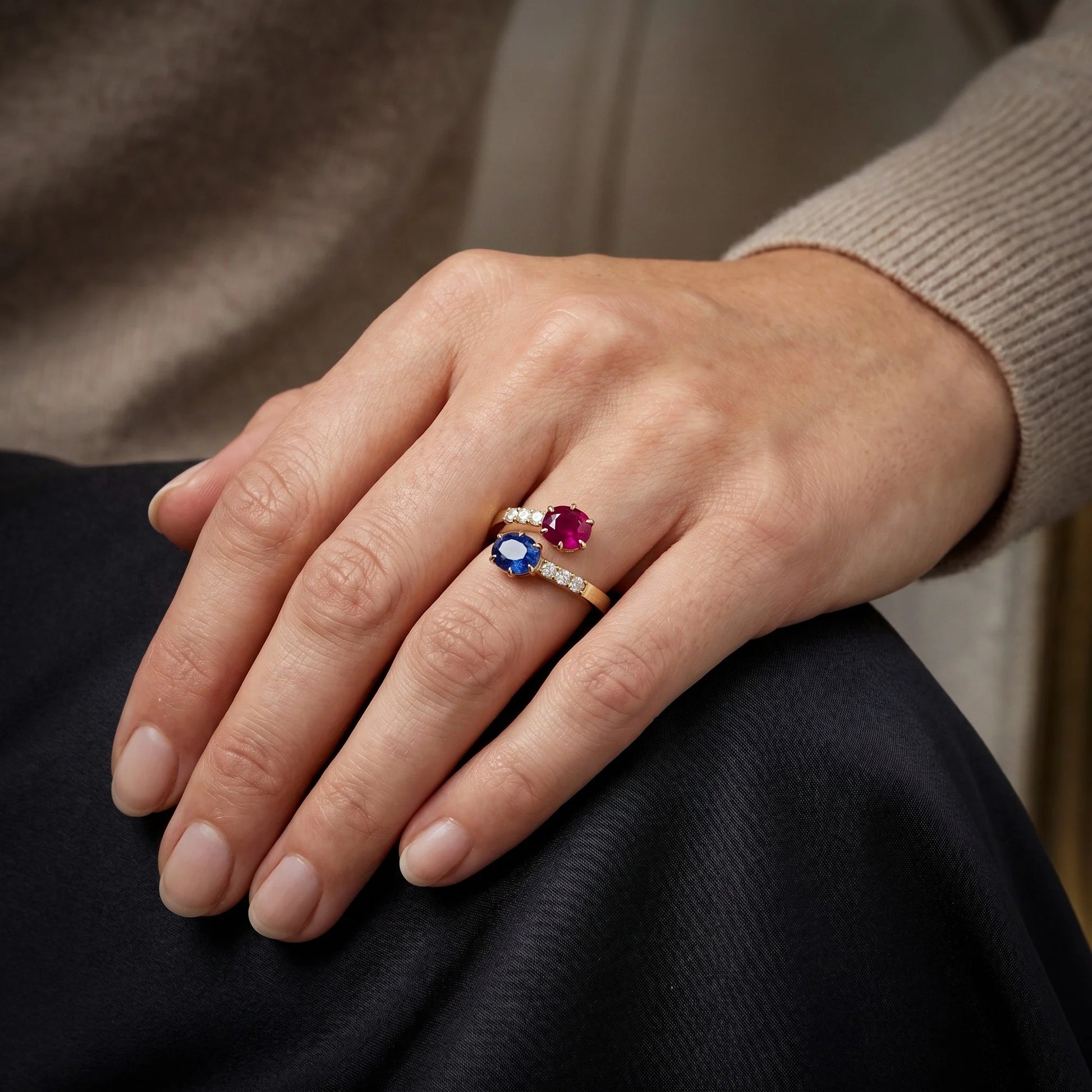 18 Carat Yellow Gold Ruby, Sapphire and Diamond Crossover Ring