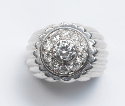 Vintage Georges Lenfant 1.75ct Diamond and Platinum Target Ring; ribbed platinum frame set with central diamond cluster, Signed, Circa 1970.