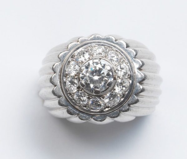 Vintage Georges Lenfant 1.75ct Diamond and Platinum Target Ring; ribbed platinum frame set with central diamond cluster, Signed, Circa 1970.