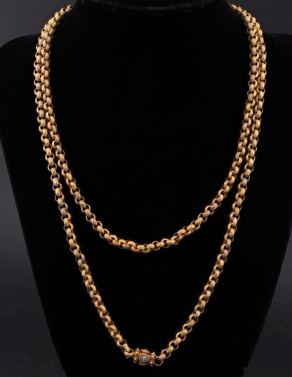 Antique Georgian 18ct Yellow Gold Long Muff Chain Necklace with Turquoise Clasp