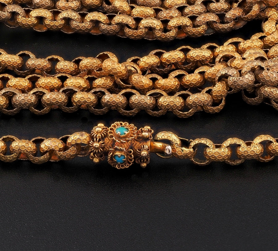 Antique Georgian 18ct Yellow Gold Long Muff Chain Necklace with Turquoise Clasp