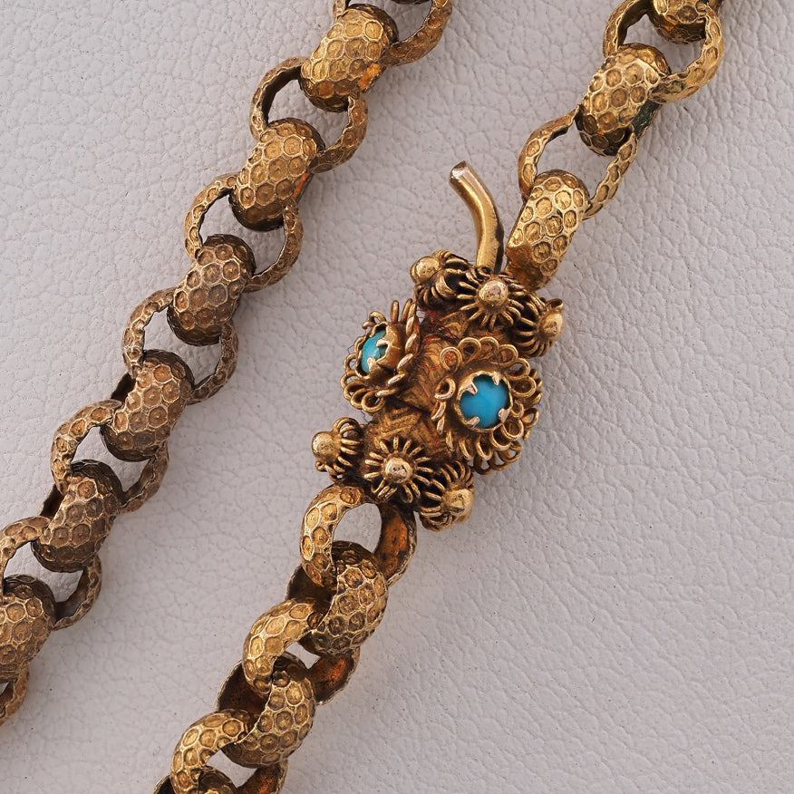 Antique Georgian 18ct Yellow Gold Long Muff Chain Necklace with Turquoise Clasp