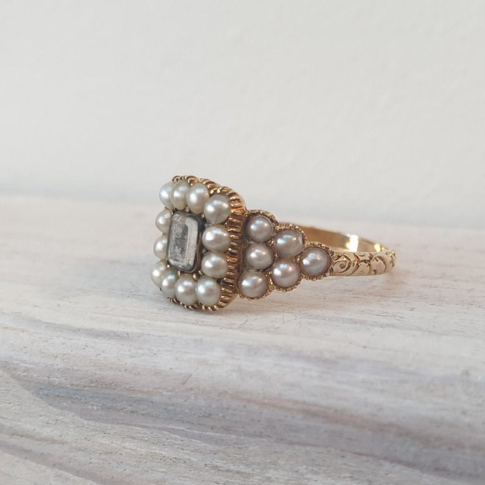 Georgian Antique Pearl Locket Mourning 18ct Gold Ring