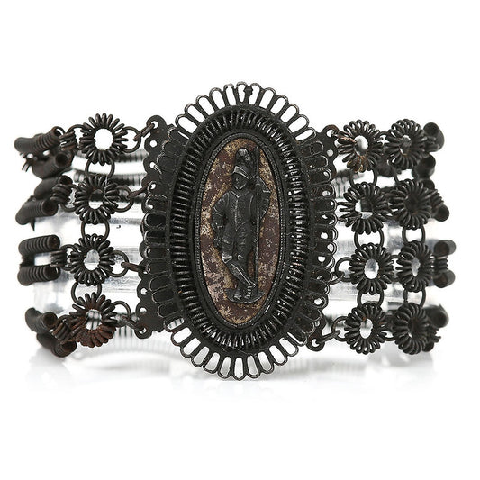 Antique Georgian Berlin Iron Work Bracelet, rare 19th century Berlin cast iron work bracelet with central knight cameo panel masterfully crafted around 1820