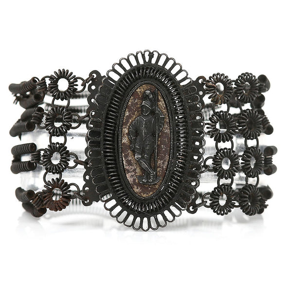 Antique Georgian Berlin Iron Work Bracelet, rare 19th century Berlin cast iron work bracelet with central knight cameo panel masterfully crafted around 1820