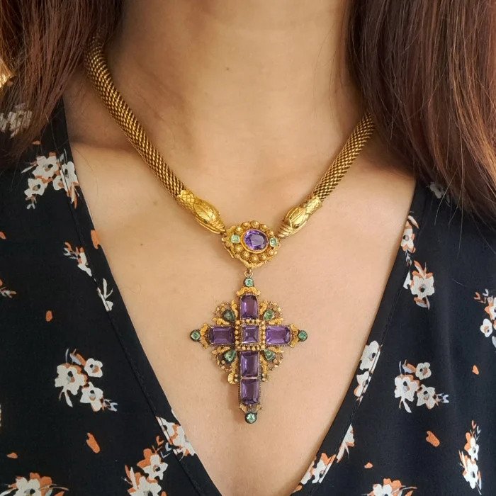 Georgian Gold Snake Necklace with Amethyst and Emerald Cross Pendant