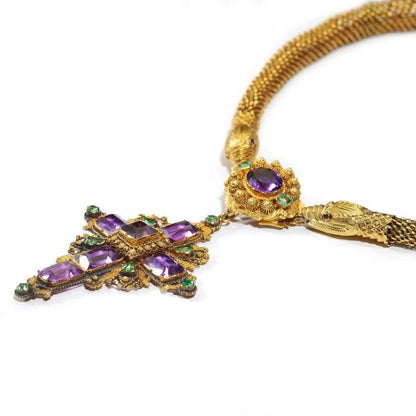 Georgian Gold Snake Necklace with Amethyst and Emerald Cross Pendant