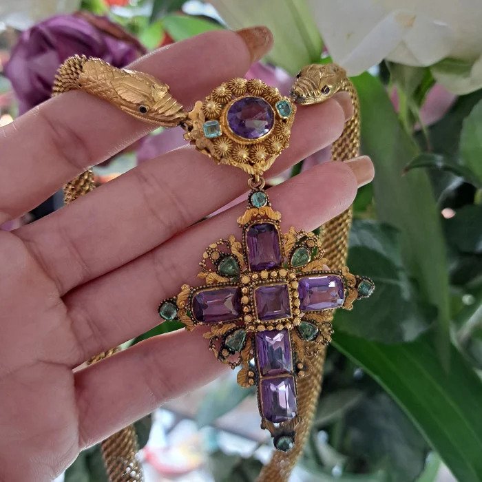 Antique Georgian Cannetille Gold Snake Necklace With Amethyst And Emerald Cross Pendant