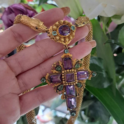 Antique Georgian Cannetille Gold Snake Necklace With Amethyst And Emerald Cross Pendant