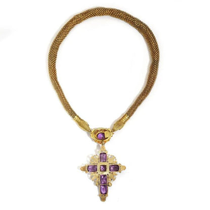 Antique Georgian Cannetille Gold Snake Necklace With Amethyst And Emerald Cross Pendant