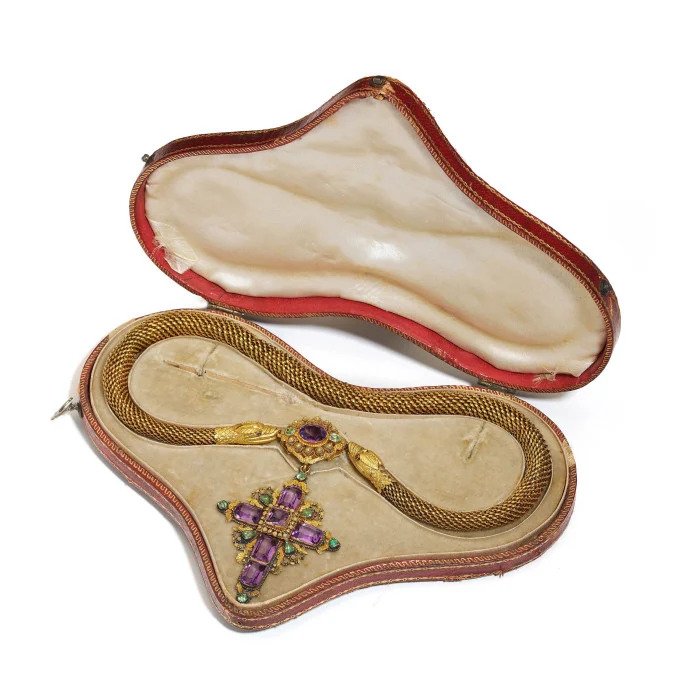 Georgian Gold Snake Necklace with Amethyst and Emerald Cross Pendant