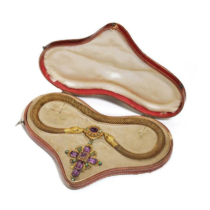 Georgian Gold Snake Necklace with Amethyst and Emerald Cross Pendant