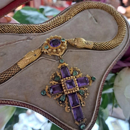 Georgian Gold Snake Necklace with Amethyst and Emerald Cross Pendant