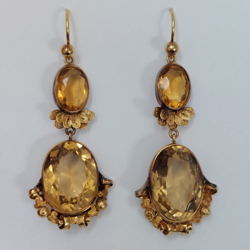 Antique Georgian 35cts Citrine Drop Earrings in 15ct Gold