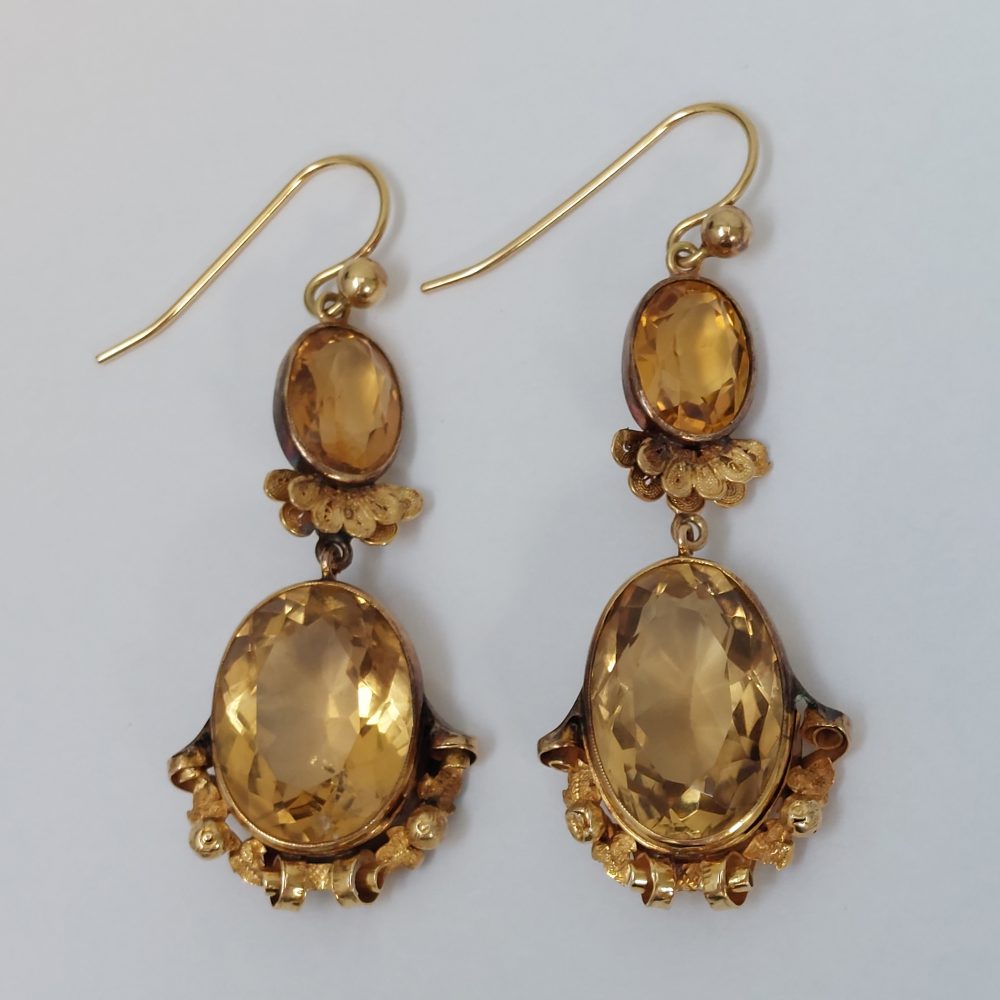 Antique Georgian 35cts Citrine Drop Earrings in 15ct Gold