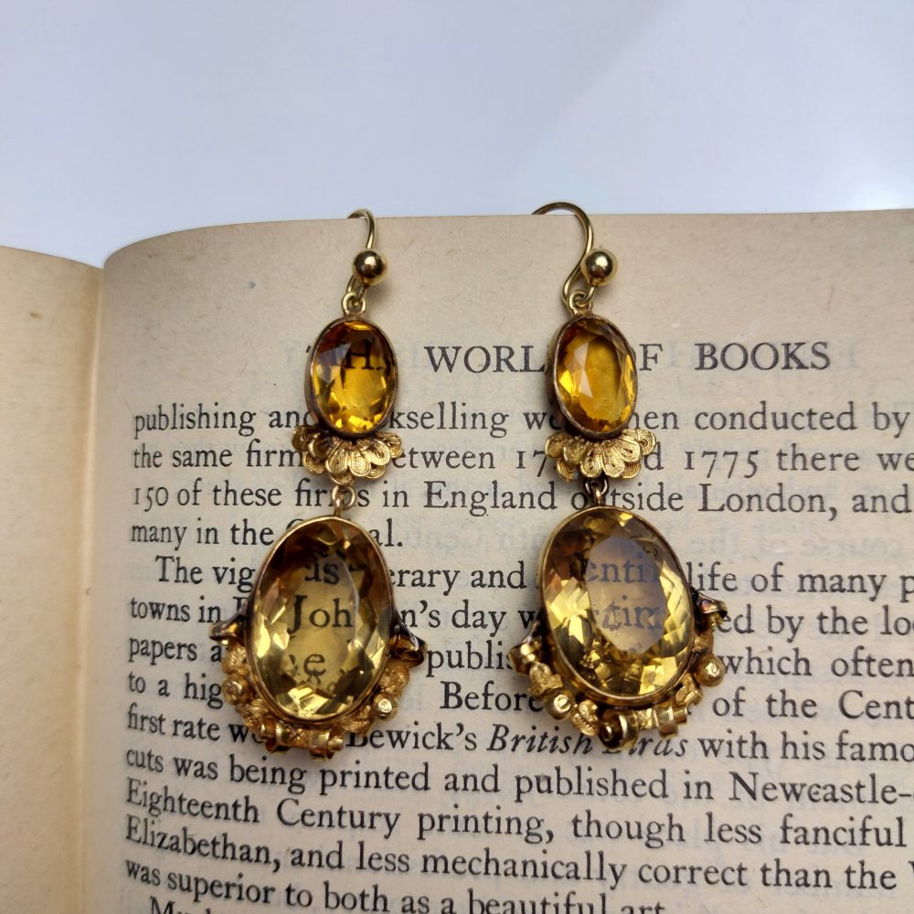 Antique Georgian 35cts Citrine Drop Earrings in 15ct Gold