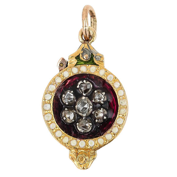 Antique Georgian Enamel and Rose Cut Diamond Monocle Fob Pendant