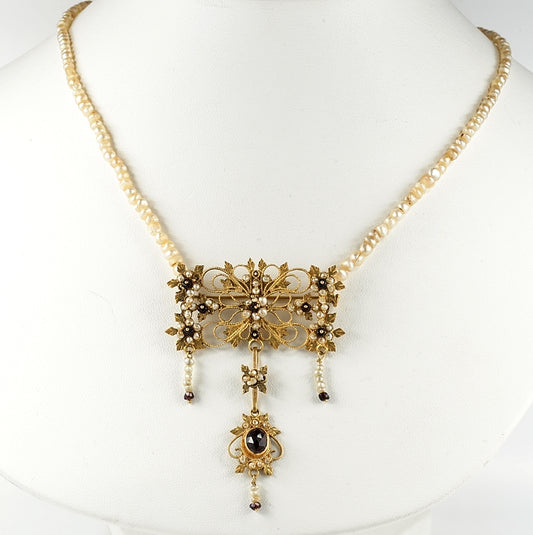 Antique Georgian Gold Cannetille Garnet and Natural Pearl Brooch Necklace