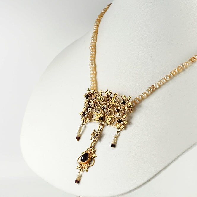 18th Century Antique Georgian Gold Cannetille Garnet and Natural Persian Basra Pearl Brooch Necklace