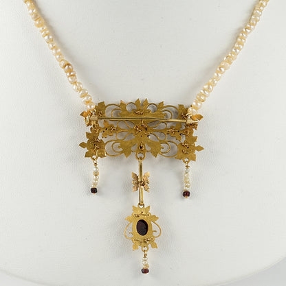 Georgian Antique 18ct Yellow Gold Cannetille Brooch Pendant Necklace with Natural Pearls and Garnets