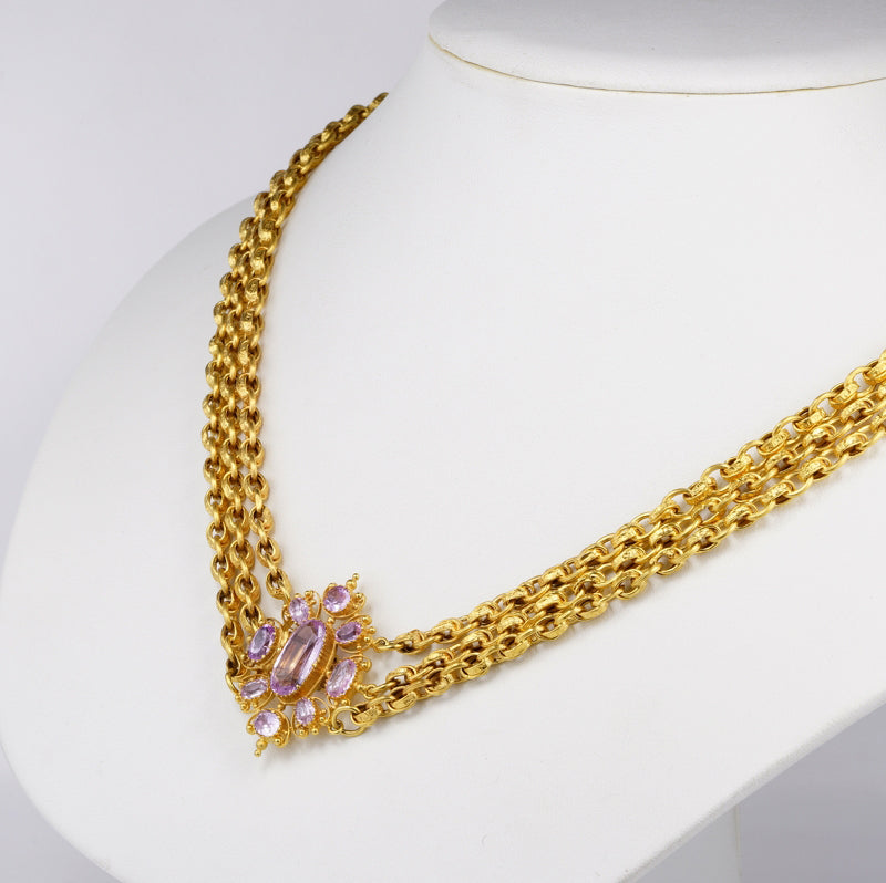 Georgian Antique Pink Topaz and Gold Cannetille Necklace