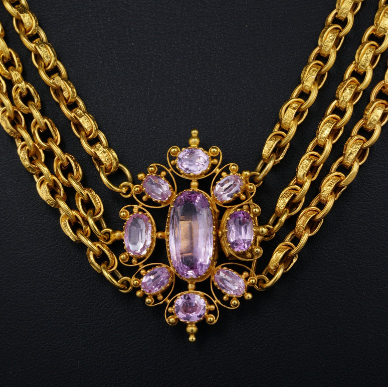 Antique Georgian 18ct Yellow Gold Multi Chain Cannetille Necklace with 10.62ct Pink Topaz Cluster Clasp