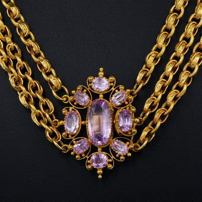 Antique Georgian 18ct Yellow Gold Multi Chain Cannetille Necklace with 10.62ct Pink Topaz Cluster Clasp